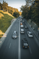 Aerial view at highway street road with city traffic cars, urban transportation concept