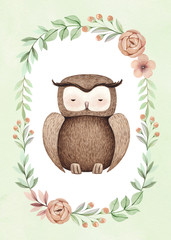 Watercolor illustration of a cute owl. Perfect for greeting cards