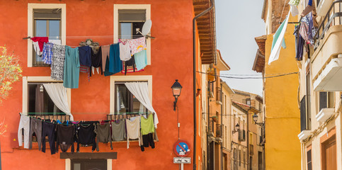 Panorama of colorful houses with drying laundry in Tudela, Spain