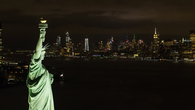 Night Statue of Liberty aerial photo