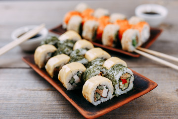 Japanese traditional cuisine. Food photo art, professional culinary, seafood restaurant menu. Appetizing tasty sushi rolls set served on clay trays, selective focus
