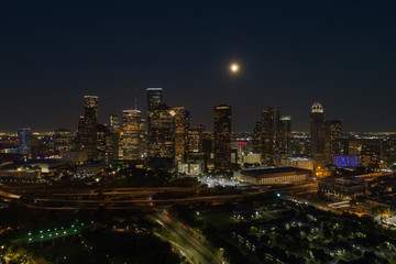 Aerial night photo Downtown Houston Texas