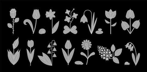 Obraz na płótnie Canvas Flower icon set isolated on black. Cute various flowers including rose, Tulip, orchid, Espatifilo, Bells flowers, Bellis perennis, Bulb flowers.