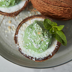 Close-up view a half of coconut with green mint ice cream with sprig of mint and coconut chips.