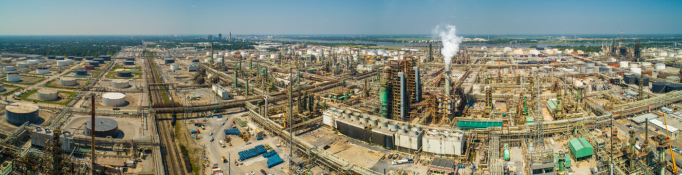 Aerial industrial oil processing plant panorama