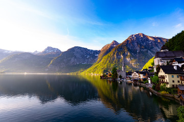 Beautiful of Landscape view Famous Hallstatt mountain village and alpine lake, Austrian Alps