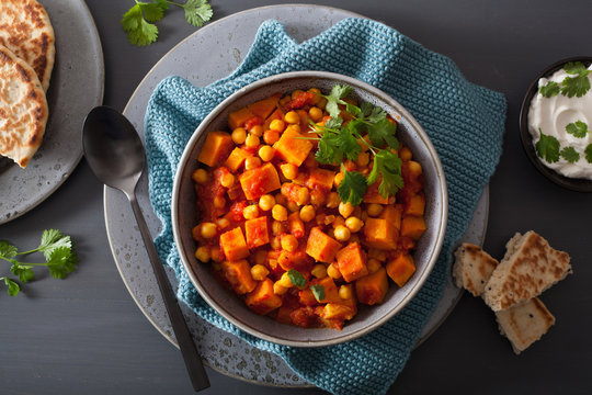 sweet potato and chickpea curry with naan bread