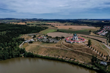 Aerial view of the pilgrimage Church of St. John of Nepomuk at Zelena hora in Žďár nad Sázavou, Czech Republic, Europe from ultralight plane