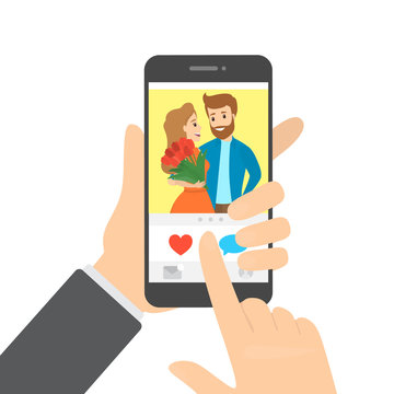 Hand holding smartphone and likes photo in the app