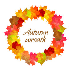 Vector wreath, round frame with autumn watercolor textured oak, maple, linden leaves isolated on white background.