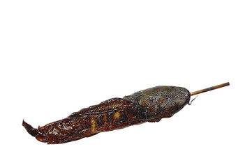 grilled catfish stabbing wooden stick on white background