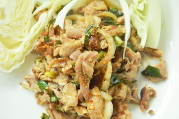 spicy roasted chicken Thai salad eat with cabbage on plate