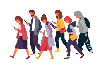 Obraz premium Man and woman characters with mobile phones. Crowd of people holding smartphones. Vector illustration