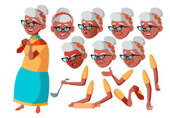 Old Woman Vector. Black. Afro American. Senior Person. Aged, Elderly People. Face Emotions, Various Gestures. Animation Creation Set. Isolated Flat Cartoon Character Illustration