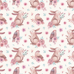 Watercolor illustrations of birds and rabbits. Seamless pattern