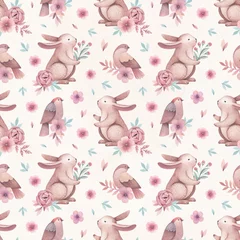 Fototapete Hase Aquarellillustrationen von Vögeln und Kaninchen. Nahtloses Muster
