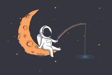 astronaut fishes in space, sitting on the crescent moon.Cartoon vector illustration © Galacticus