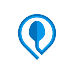 Blue spoon logo template. Blue spoon in the form of a marker. Vector illustration.