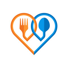 Fork and spoon logo template. Fork and spoon in heart shape. Vector illustration.