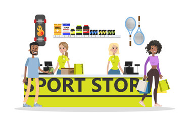 Sports store cash register. Clients buy equipment