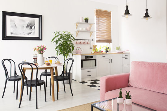 Pink sofa in white apartment interior with kitchenette and black chairs at dining table. Real photo