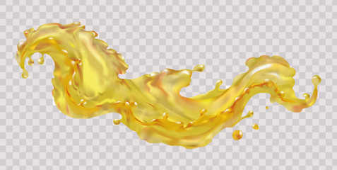 Oil splash vector isolated on white background with transparency. The wave of the oil liquid is yellow. Vegetable, olive, machine. Food, cosmetology, medicine, industry. Fish oil, vitamin A, E, Omega