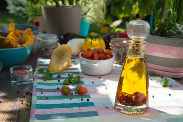 Colorful sunwashed garden party set / Enjoying leisure time in nature. Healthy lifestyle concept