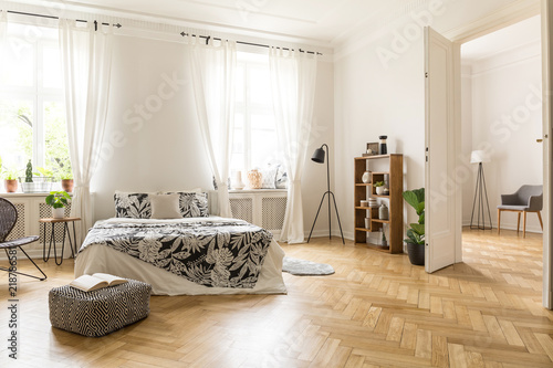 View At Two Rooms With White Walls And Herringbone Parquet A Bed View At Two Rooms With White Walls And Herringbone Parquet A Bed Pouf