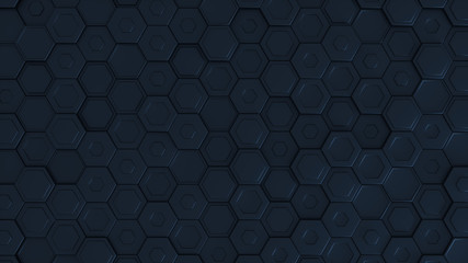 Hexagonal geometric background. Abstract structure of lots of metal hexagons of different height. Creative honeycomb surface with top view. Pattern of cell elements. 3d rendering