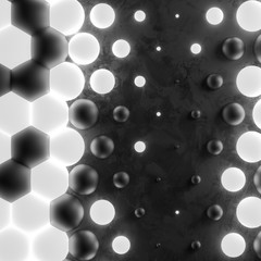 Background with set of hexagons turning into a spheres on grunge plane. Creative honeycomb geometric structure with glowing balls. Cell luminous elements. Abstract structure. 3d rendering