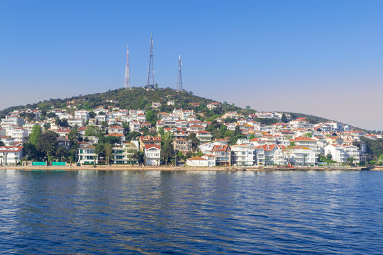 View of Kinaliada island from the sea with summer houses. One of four islands named Princes Islands in the Sea of Marmara near Istanbul