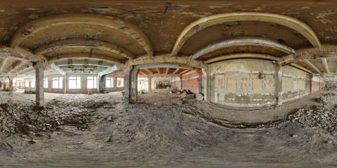 Spherical panorama inside abandoned building. Full 360 by 180 degree in equirectangular projection.