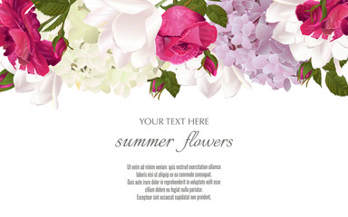 Template for greeting cards, wedding decorations, invitation, sales. Vector banner with Luxurious roses, tulip and hydrangea flowers. Spring or summer design. Space for text.