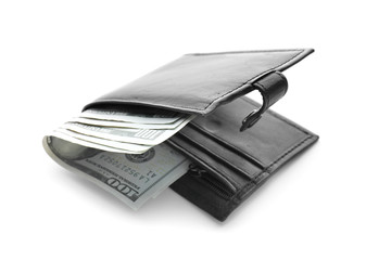 Leather wallet with money on white background