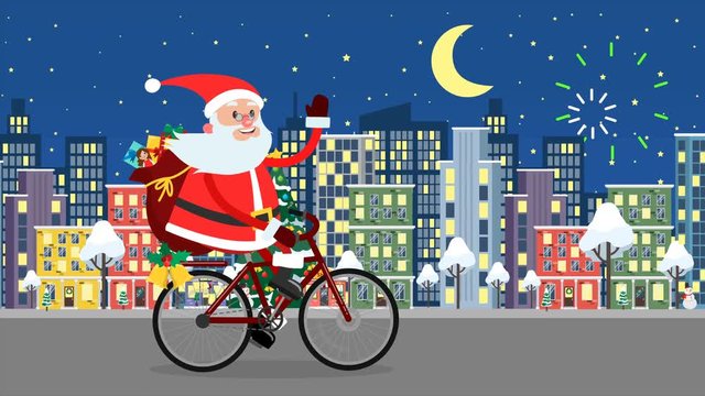 Happy Santa Claus riding on a bicycle over the night city