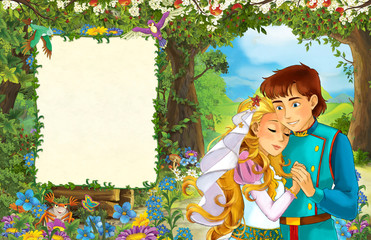 cartoon scene with princess and king or prince in the forest - wedding couple - title page with space for text - illustration for children