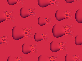 Jellyfish fashionable seamless pattern, red background. Gradient tentacles. Vector illustration