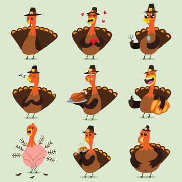 Cute turkey cartoon character set. Vector icons of birds symbol holiday of Thanksgiving Day.
