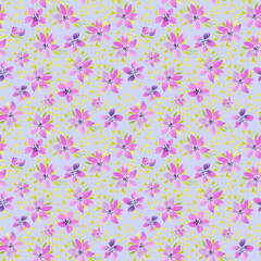 watercolor illustration of violet flowers, seamless pattern for printing fabric, textiles, wallpaper, packaging