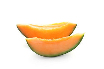 Fototapeta na wymiar Slices of ripe melon on white background