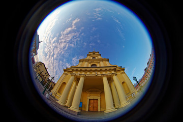 Peter and Paul cathedral in Peter and Paul Fortress. Fish eye lens creating a circular super wide angle view. - 218790765