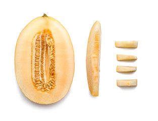 Sliced ripe melon on white background, top view