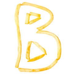 Obraz premium The letter B is made with slices of French fries on a white background, isolate