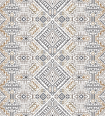 Simmetric seamless pattern in ethnic style. Tribal geometric ornament, perfect for textile design, site background, wrapping paper and other endless fill. Trendy boho tile.