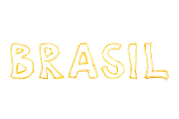 The word BRASIL made with pieces of fried French fries isolate on a white background