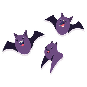 Cute Halloween bats. Vector cartoon funny character set isolated on white background.