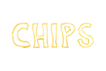 The word CHIPS made with pieces of fried French fries isolate on a white background