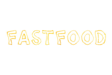 The word FASTFOOD made with pieces of fried French fries isolate on a white background
