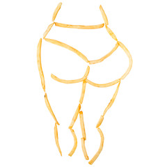 Silhouette of a fat woman rear view made with slices of french fries, obese