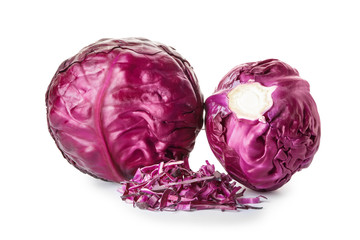 Whole and sliced red cabbage on white background